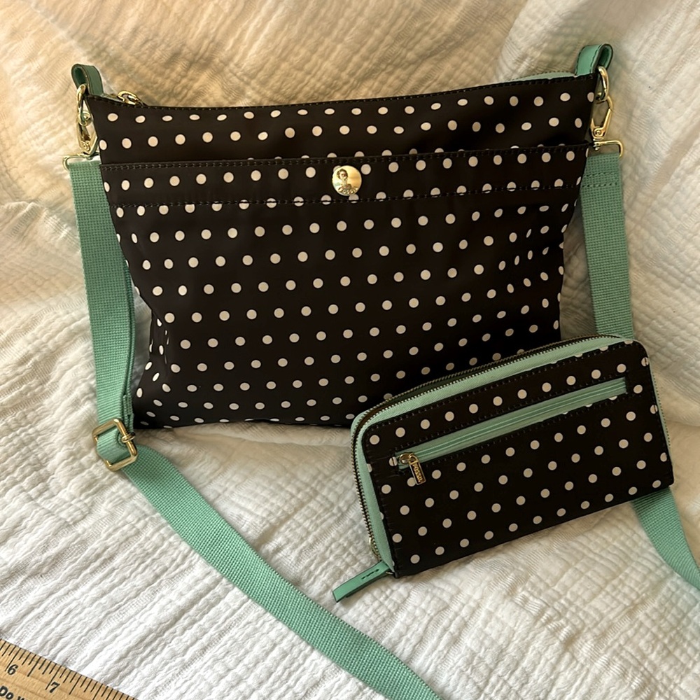 Fossil Polka Dot Crossbody  Black Turquoise Nylon with matching wallet